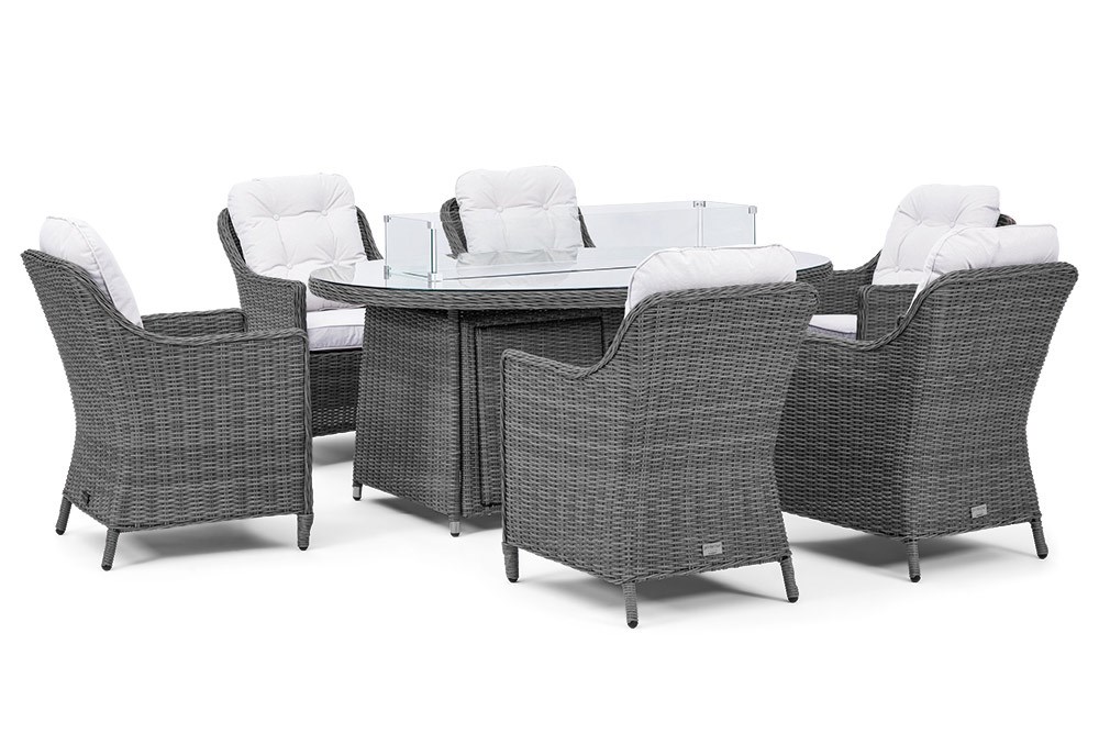 Luxury Rattan Oval Fire Pit Table Garden Dining Set in Stone | Primrose Living