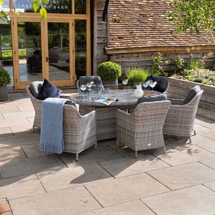 Luxury Rattan 6 Seater Oval Fire Pit Garden Dining Set in Pebble | Primrose Living