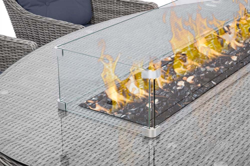 Luxury Rattan Oval Fire Pit Garden Dining Set in Pebble | Primrose Living