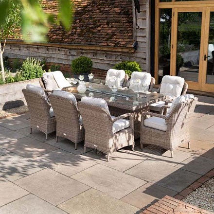Luxury Rattan 8 Seater Rectangular Fire Pit Garden Dining Set by Primrose Living