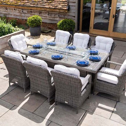 Luxury Rattan 8 Seater Rectangular Fire Pit Table Garden Dining set in Stone | Primrose Living