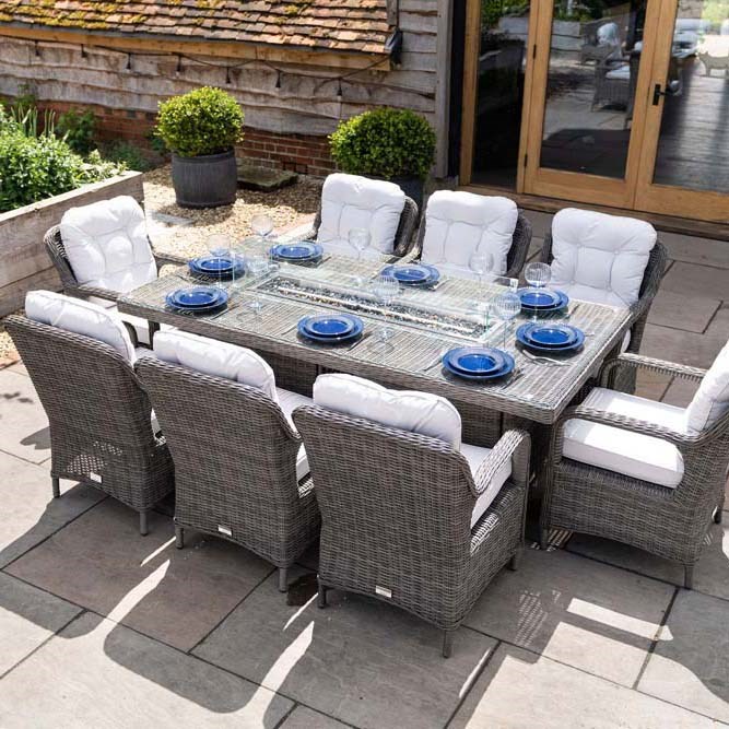 Luxury Rattan Rectangular Fire Pit Table Dining Set in Stone | Primrose Living