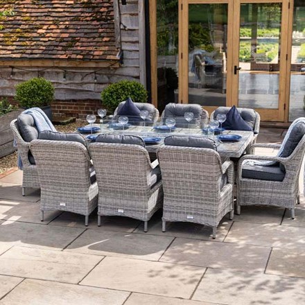 Luxury Rattan 8 Seater Rectangular Fire Pit Garden Dining Set in Pebble | Primrose Living