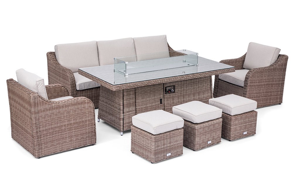 Luxury Rattan 8 Seater Sofa Set with Fire Pit Table in Natural | Primrose Living