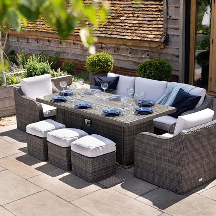 Luxury Rattan 8 Seater Sofa Set with Fire Pit Table in Stone - 5 Seats & 3 Stool