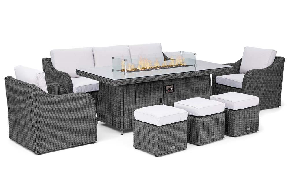 Luxury Rattan 8 Seater Sofa Set with Fire Pit Table in Stone - 5 Seats & 3 Stool