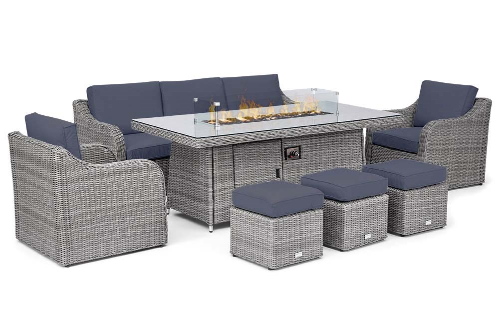Luxury Rattan Peony Sofa Set w/ Rectangular Fire Pit Table and Stools in Pebble