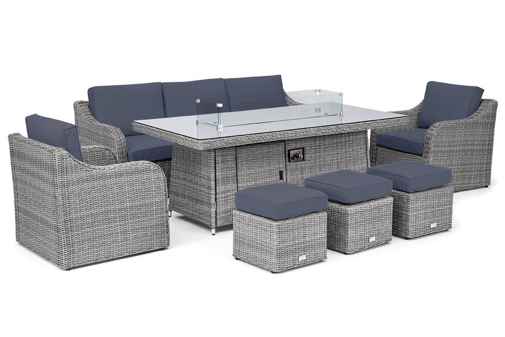 Luxury Rattan Peony Sofa Set w/ Rectangular Fire Pit Table and Stools in Pebble