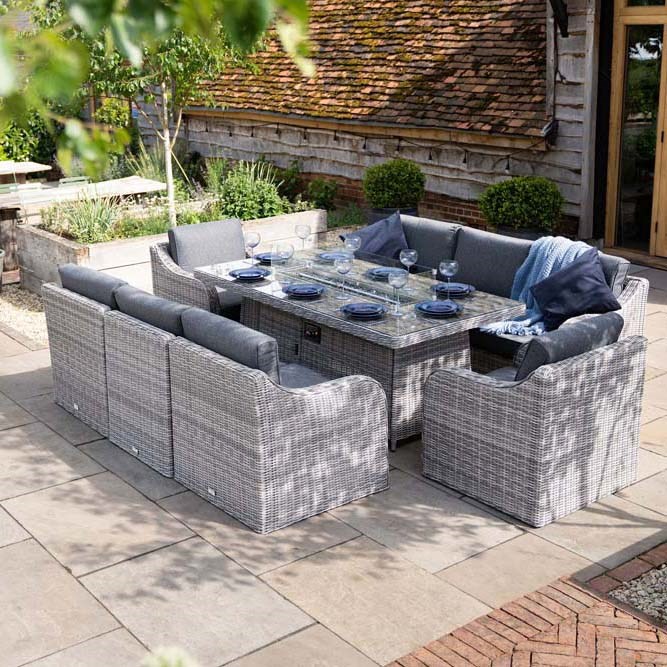 Luxury Rattan Peony Garden Sofa Set w/ Rectangular Fire Pit Table in Pebble