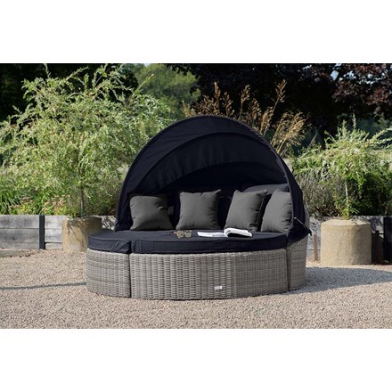 Luxury Rattan 'Peony' Modular Daybed Sofa Set w/ Retractable Canopy in Pebble | Primrose Living