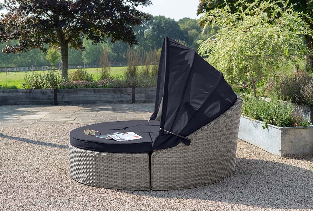 Luxury Rattan 'Peony' Modular Daybed Sofa Set w/ Retractable Canopy in Pebble