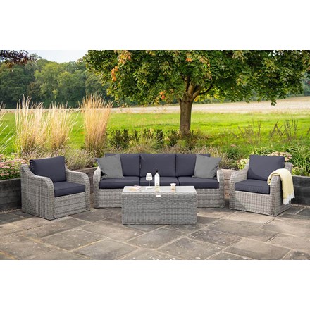 Luxury Rattan Peony 5 Seater Modular Garden Sofa Set w/ Coffee Table in Pebble | Primrose Living