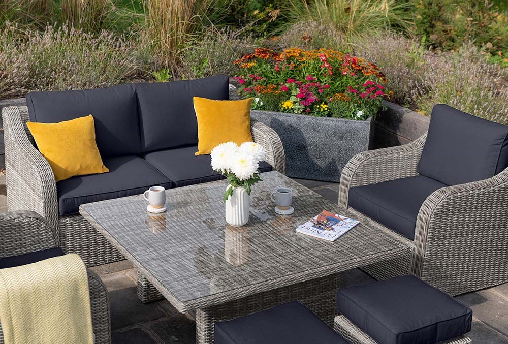 Luxury Rattan 6 Seater Sofa Set with Rising Table in Pebble | Primrose Living