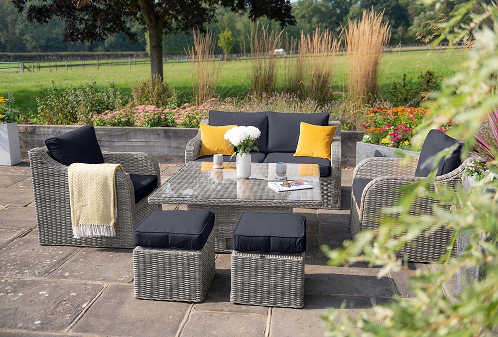 Luxury Rattan 6 Seater Sofa Set with Rising Table in Pebble | Primrose Living