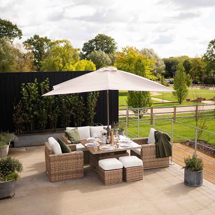 Luxury Rattan Iris 6 Seater Garden Sofa Set w/ Square Rising Table and Parasol | Primrose Living