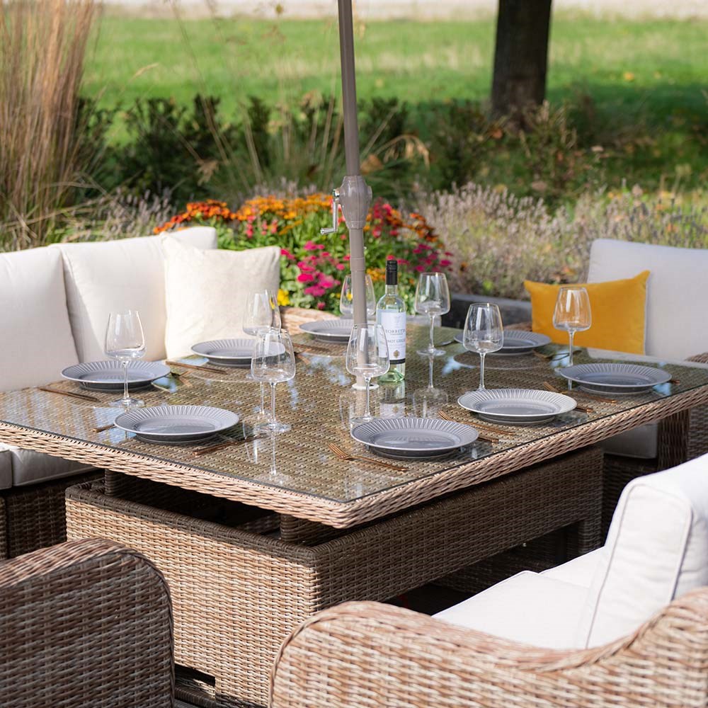 Luxury Rattan Peony Sofa Set w/ Rectangular Rising Table & Parasol in Pebble