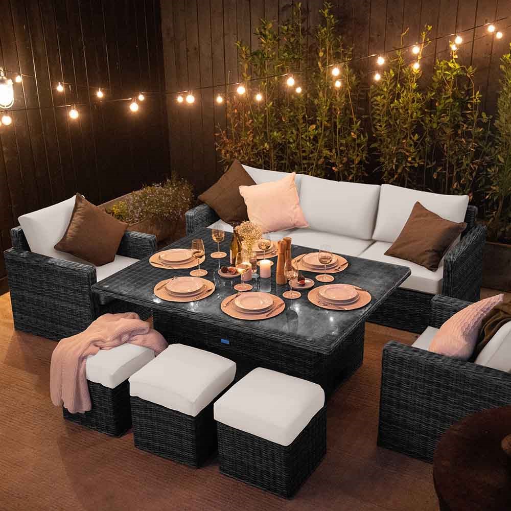 Luxury Rattan Iris Sofa Set w/ Rectangular Rising Table in Stone
