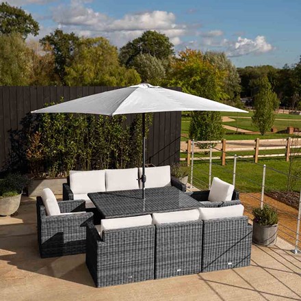 Luxury Rattan Iris 8 Seater Garden Sofa Set w/ Rectangular Rising Table and Parasol in Stone