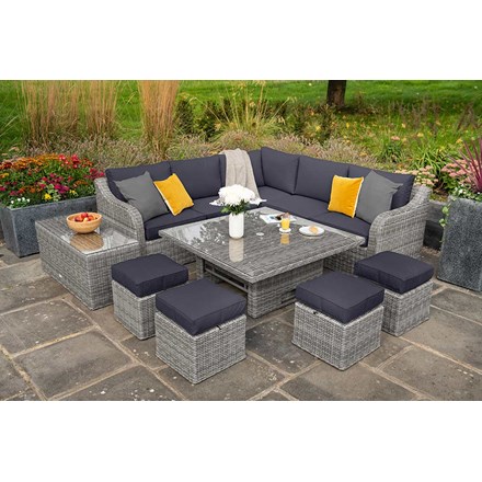 Luxury Rattan Peony 9 Seater Garden Sofa Set w/ Square Rising Table and Footstools in Pebble