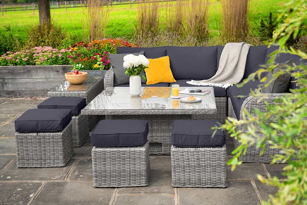 Luxury Rattan Peony Garden Sofa Set w/ Rising Table & Footstools in Pebble