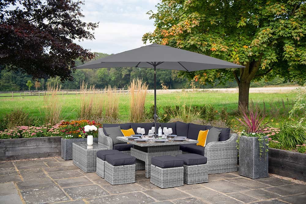 Luxury Rattan Peony Garden Sofa Set w/ Rising Table & Footstools in Pebble