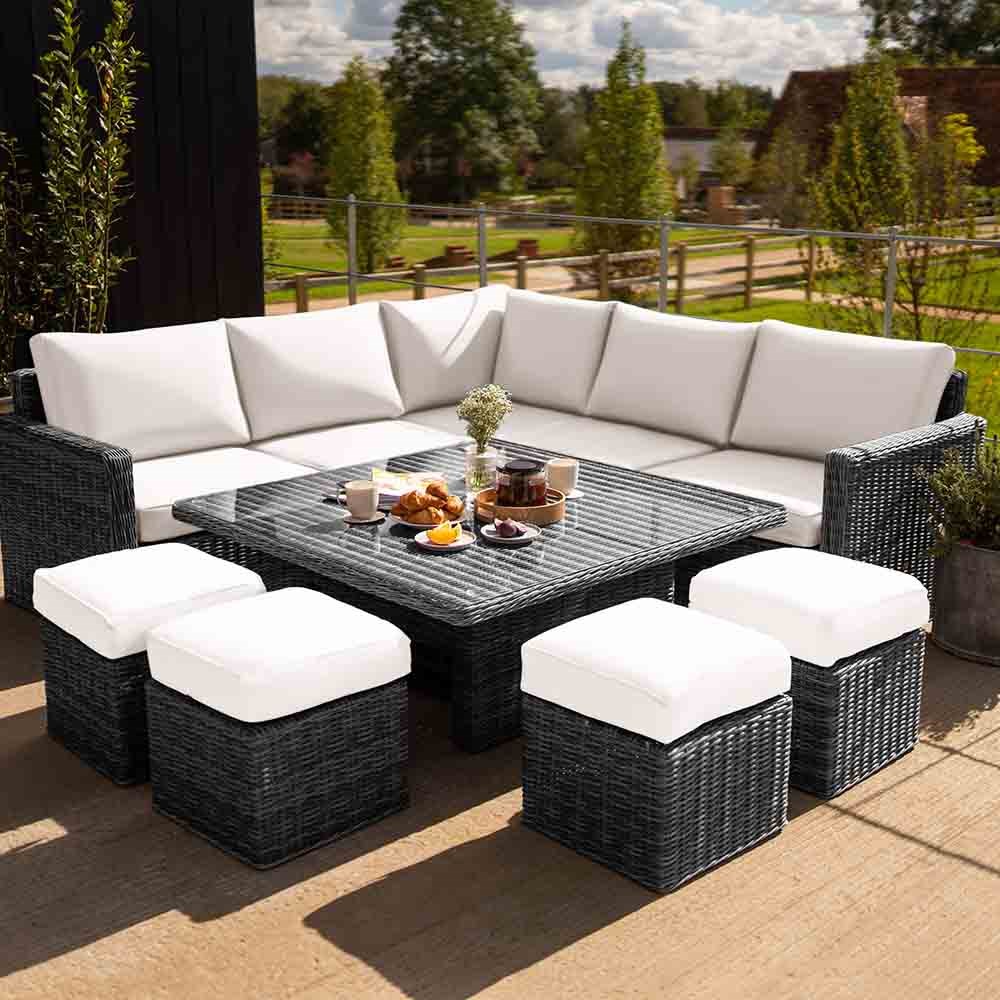 Luxury Rattan 9 Seater Sofa Set with Rising Table in Stone | Primrose Living