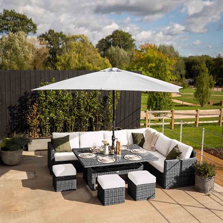 Luxury Rattan Iris 9 Seater Garden Sofa Set w/ Rectangular Rising Table and Parasol in Stone