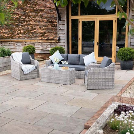 Luxury Rattan 'Peony' 5 Seater Garden Sofa Set w/ Coffee Table in Pebble | Primrose Living