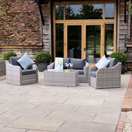 Luxury Rattan 'Peony' 4 Seater Garden Sofa Set w/ Coffee Table in Pebble | Primrose Living