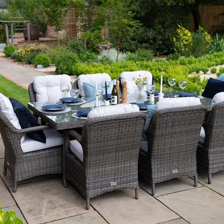 Classic Rattan 8 Seater Rectangular Garden Dining Set w/ Parasol in Stone | Primrose Living