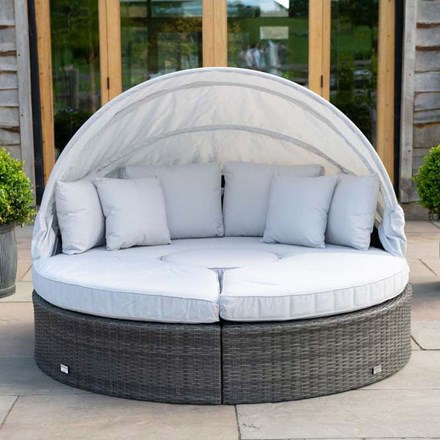 Classic Rattan Modular Daybed Sofa Set w/ Retractable Canopy in Stone | Primrose Living