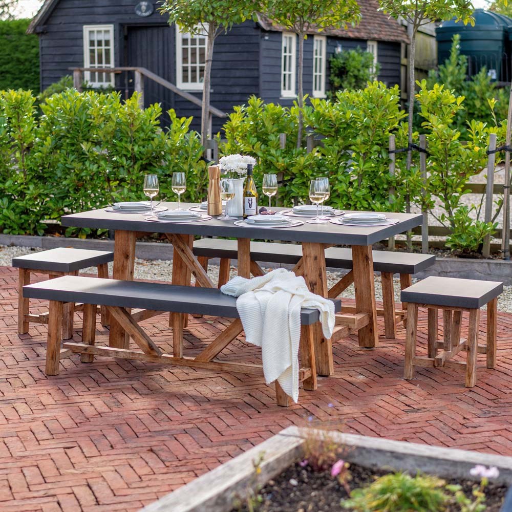 Rustic Cement & Acacia Wood 6 Seater Dining Set With Benches