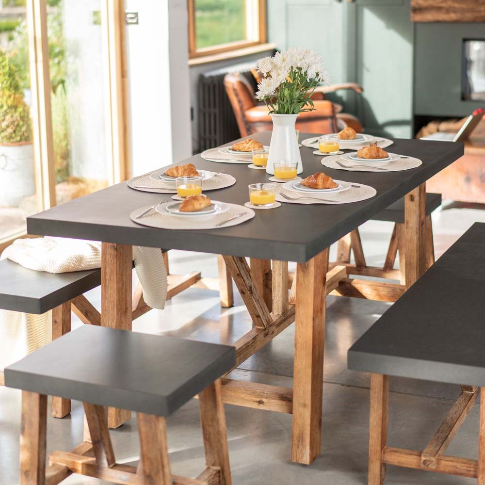 Rustic Cement & Acacia Wood 6 Seater Dining Set With Benches by Primrose Living