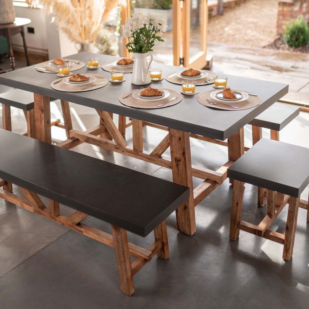 Rustic Cement & Acacia Wood 6 Seater Dining Set With Benches by Primrose Living
