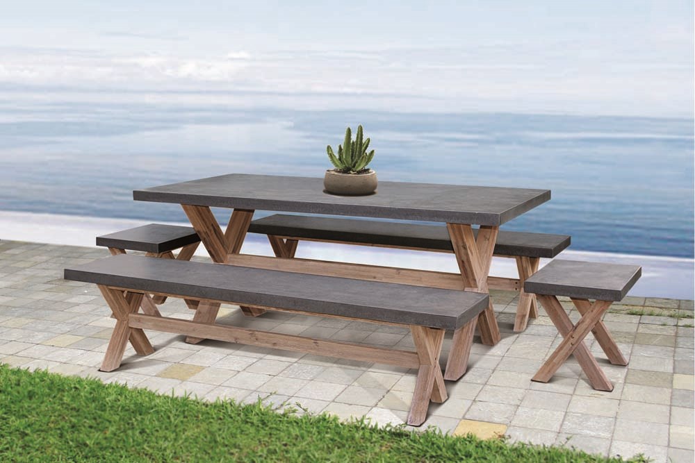 Rustic Cement & Acacia Wood 8 Seater Dining Set With Benches by Primrose Living