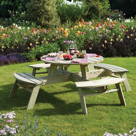 Eight Seater Round Wooden Picnic Table by Rowlinson®