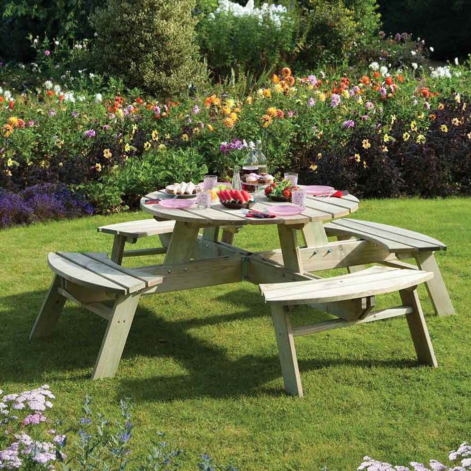 Eight Seater Round Wooden Picnic Table by Rowlinson®