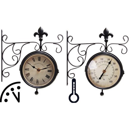 Outdoor Clock With Thermometer On Bracket - 25cm