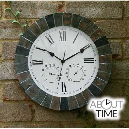 Slate Effect Outdoor Garden Clock w/ Thermometer - 35.5cm (14\) - | About Time™"