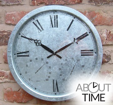 Galvanised Outdoor Garden Clock w/ Thermometer - 35cm (13.8\) - | About Time™"
