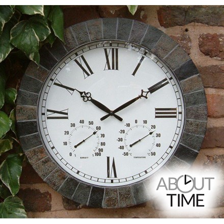 Large Slate Effect Outdoor Garden Clock w/ Thermometer - 45cm (17.7\) - | About Time™"