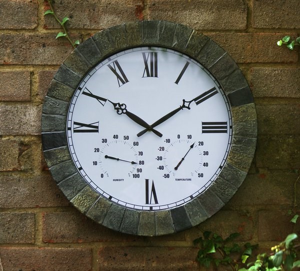 Large Slate Effect Outdoor Garden Clock w/ Thermometer | About Time™