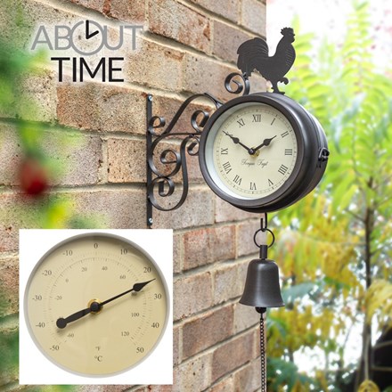 Cockerel and Bell - 47cm (18¾in) Garden Clock with Thermometer - by About Time™