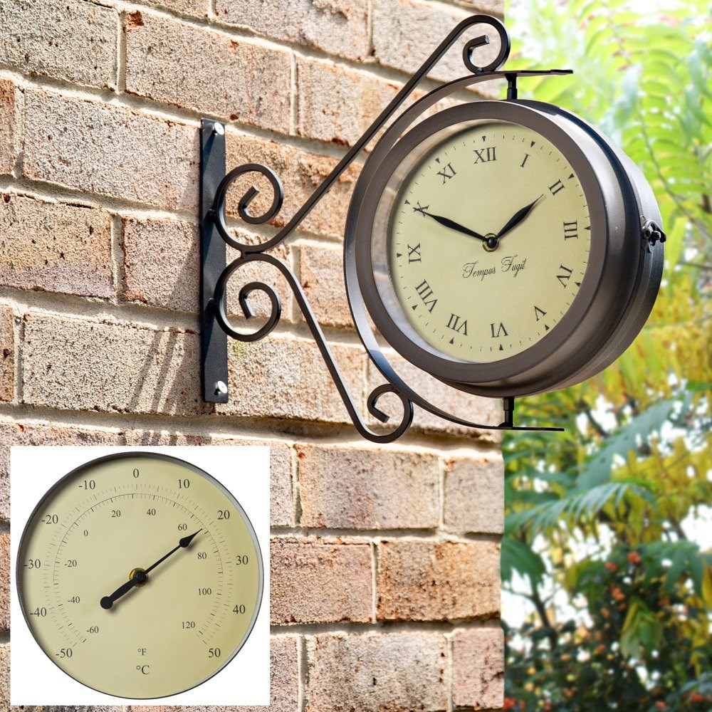 Bracket Mounted Swivel Garden Clock with Thermometer (31.5cm) - by About Time™