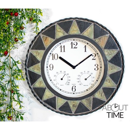 Slate Effect Patterned Outdoor Garden Clock w/ Thermometer - 30cm (11¾\) - | About Time™"