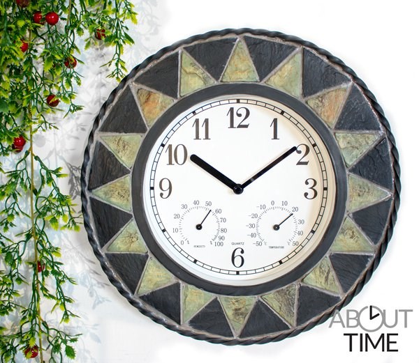 Slate Effect Patterned Outdoor Garden Clock w/ Thermometer | About Time™
