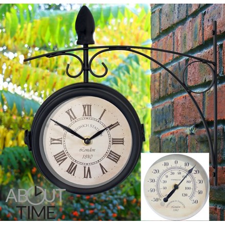 Greenwich Swivel Metal Garden Station Clock w/ Thermometer in Black - 15cm (6in) - | About Time™