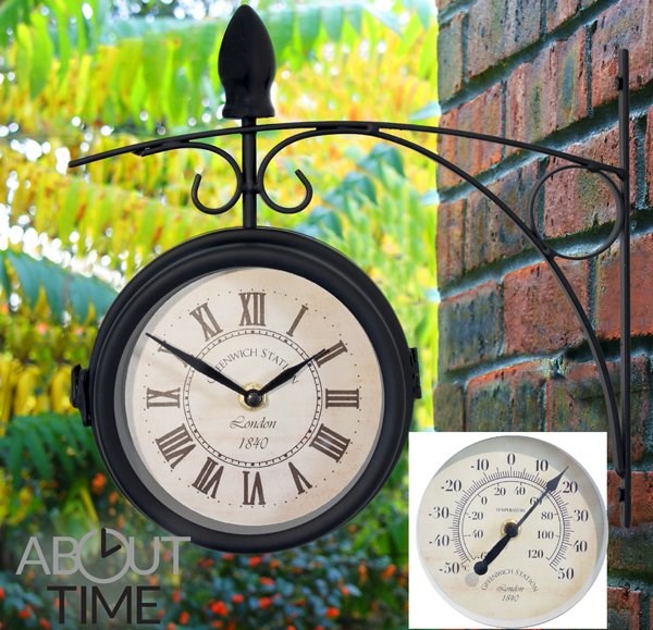 Greenwich Swivel Metal Garden Station Clock w/ Thermometer - Black | About Time™