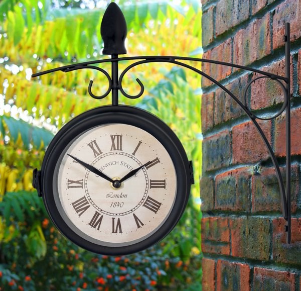 Greenwich Swivel Metal Garden Station Clock w/ Thermometer - Black | About Time™