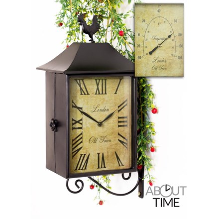 42cm Double Sided Rectangular Railway Station Cockerel Garden Clock w/ Thermometer - | About Time™